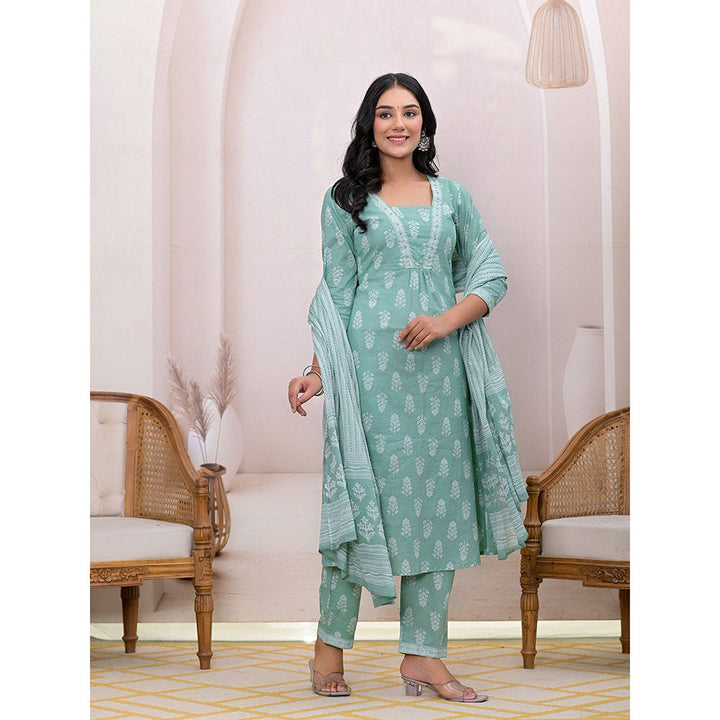 Yufta Green Floral Print Cotton A-Line Kurta With Pant & Dupatta (Set of 3)