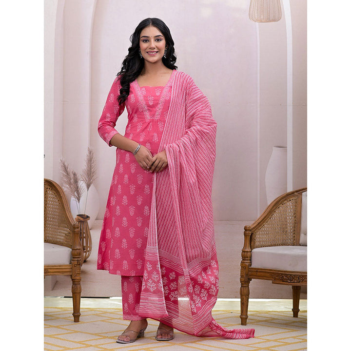 Yufta Pink Floral Print Cotton A-Line Kurta With Pant & Dupatta (Set of 3)