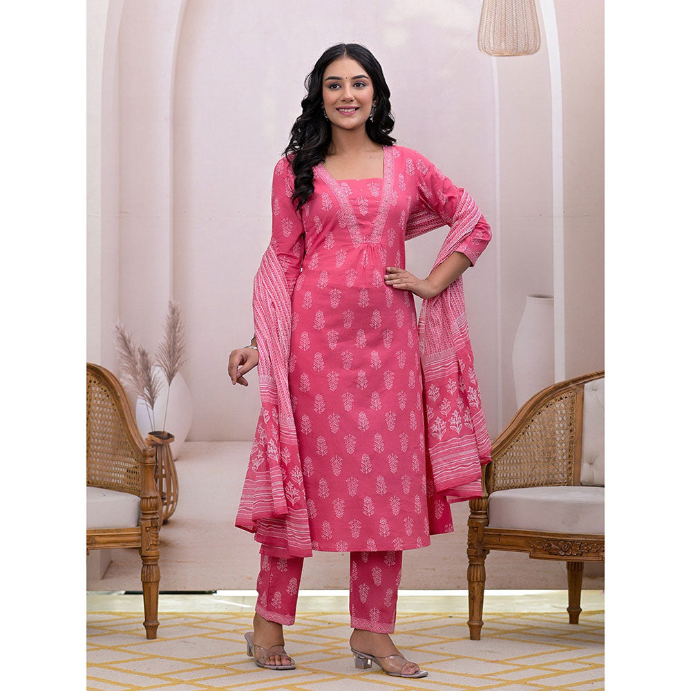 Yufta Pink Floral Print Cotton A-Line Kurta With Pant & Dupatta (Set of 3)