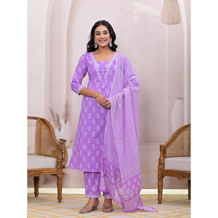 Yufta Purple Floral Print Cotton A-Line Kurta With Pant & Dupatta (Set of 3)