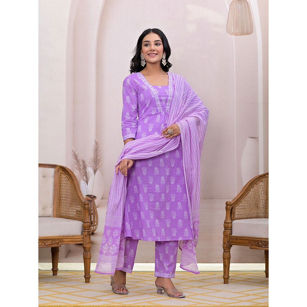 Yufta Purple Floral Print Cotton A-Line Kurta With Pant & Dupatta (Set of 3)