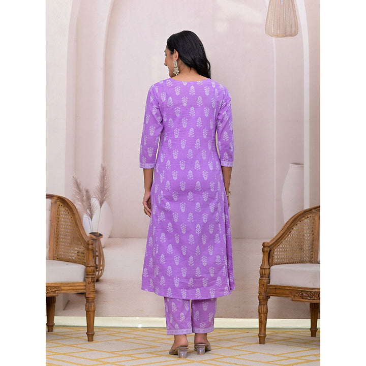 Yufta Purple Floral Print Cotton A-Line Kurta With Pant & Dupatta (Set of 3)