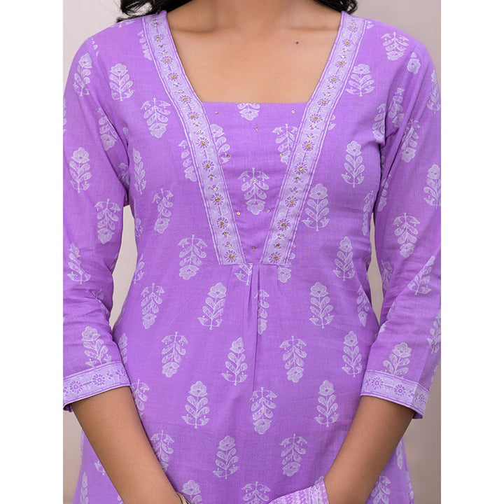 Yufta Purple Floral Print Cotton A-Line Kurta With Pant & Dupatta (Set of 3)