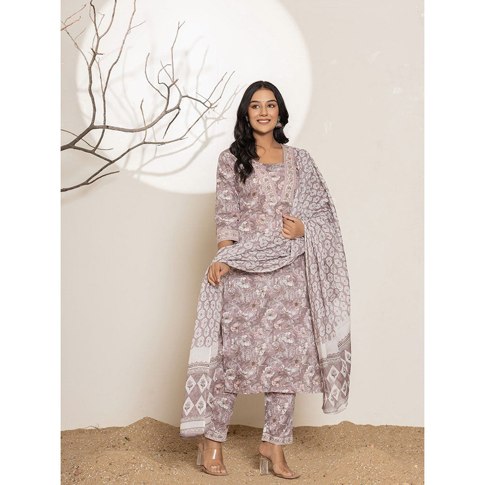 Yufta Mauve Floral Print Cotton Straight Kurta With Pant & Dupatta (Set of 3)