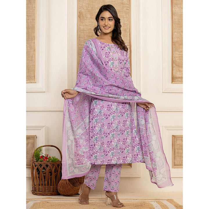 Yufta Purple Floral Print Cotton Straight Style Kurta & Pant With Dupatta (Set of 3)