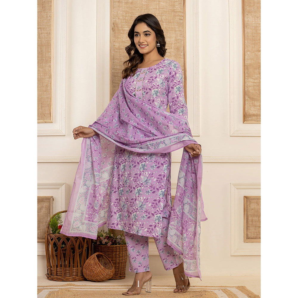 Yufta Purple Floral Print Cotton Straight Style Kurta & Pant With Dupatta (Set of 3)