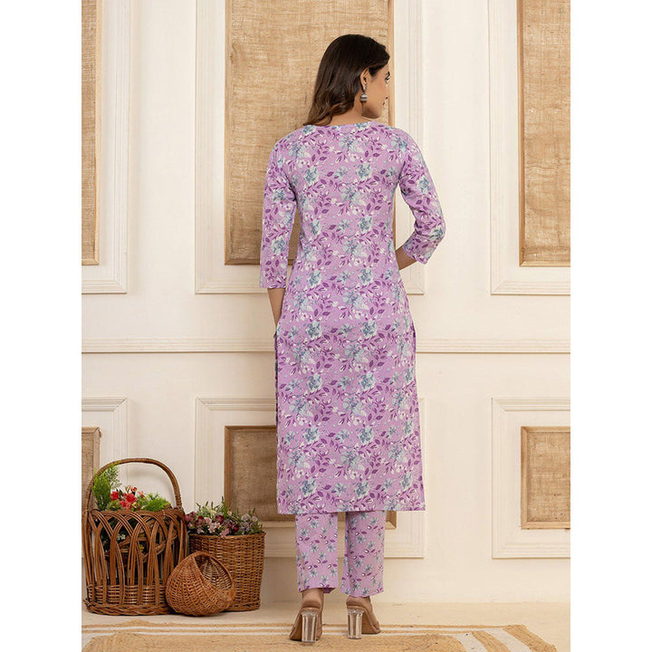 Yufta Purple Floral Print Cotton Straight Style Kurta & Pant With Dupatta (Set of 3)