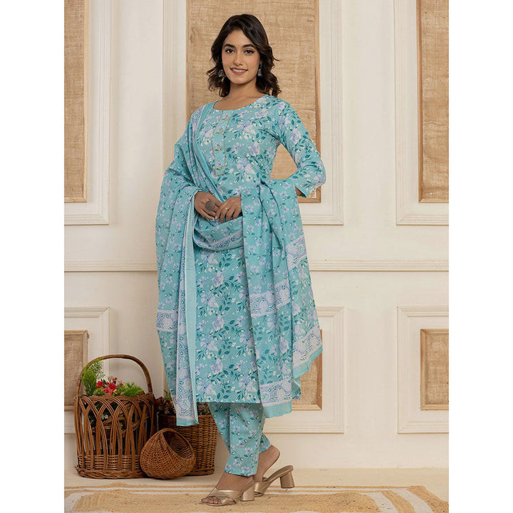 Yufta Blue Floral Print Cotton Straight Style Kurta & Pant With Dupatta (Set of 3)