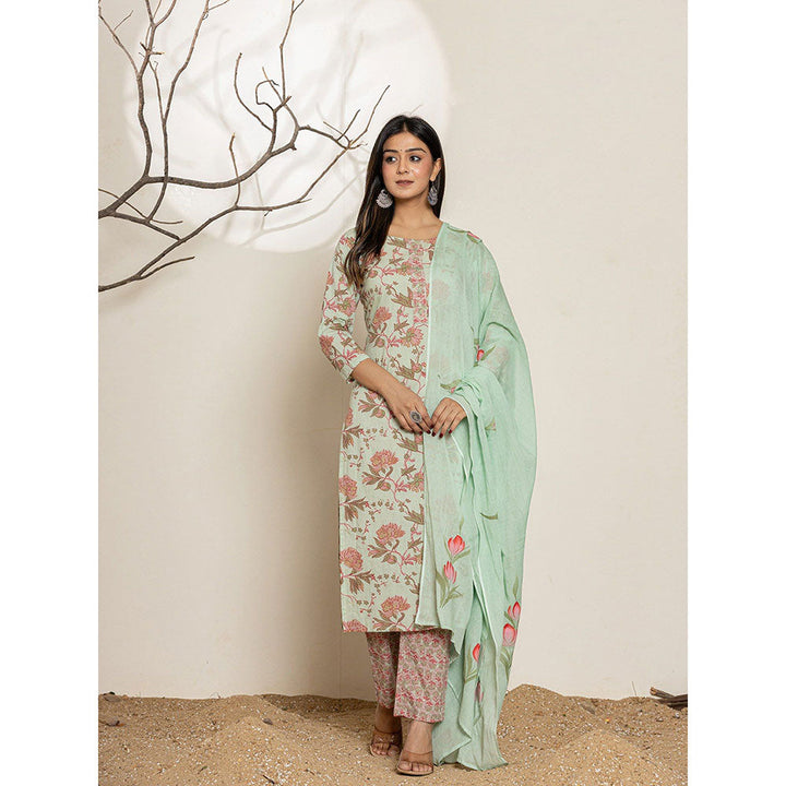 Yufta Green Cotton Floral Print Kurta With Pant & Dupatta (Set of 3)