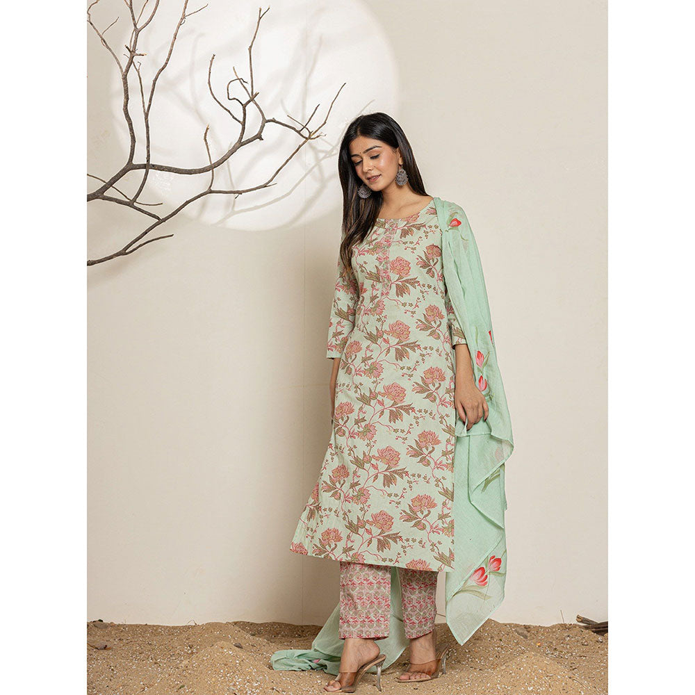 Yufta Green Cotton Floral Print Kurta With Pant & Dupatta (Set of 3)