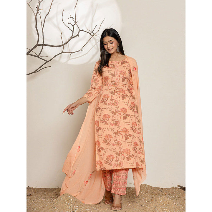 Yufta Peach Cotton Floral Print Kurta With Pant & Dupatta (Set of 3)