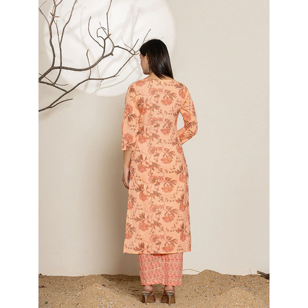 Yufta Peach Cotton Floral Print Kurta With Pant & Dupatta (Set of 3)