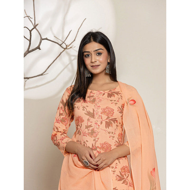 Yufta Peach Cotton Floral Print Kurta With Pant & Dupatta (Set of 3)