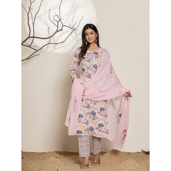 Yufta Pink Cotton Floral Print Kurta With Pant & Dupatta (Set of 3)