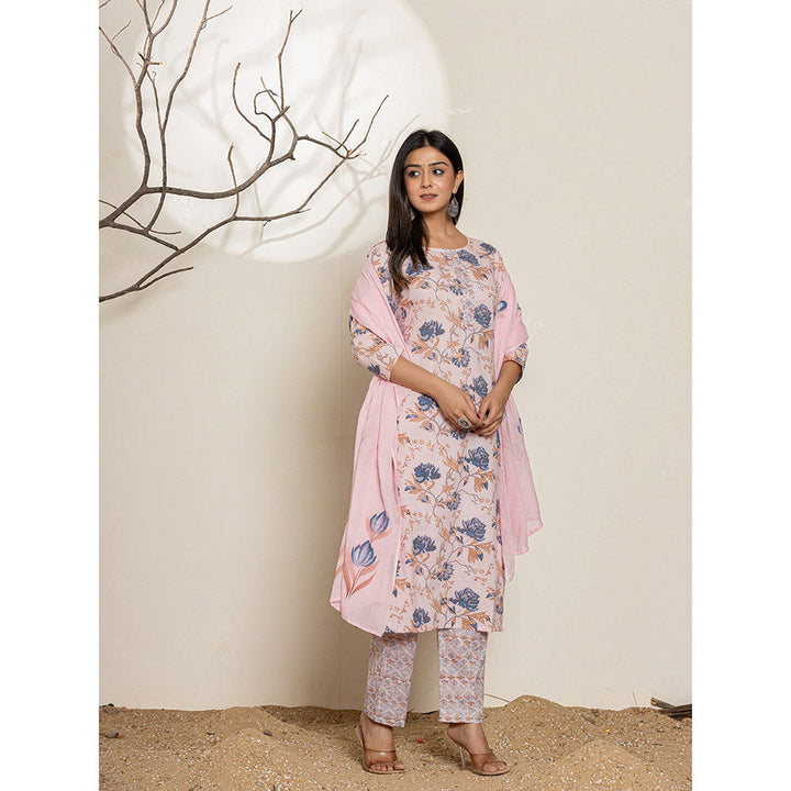 Yufta Pink Cotton Floral Print Kurta With Pant & Dupatta (Set of 3)