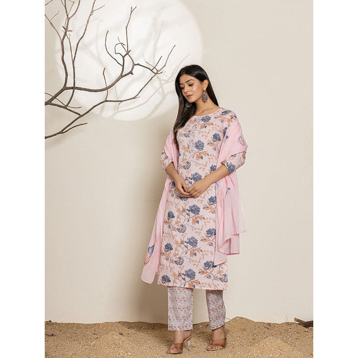 Yufta Pink Cotton Floral Print Kurta With Pant & Dupatta (Set of 3)