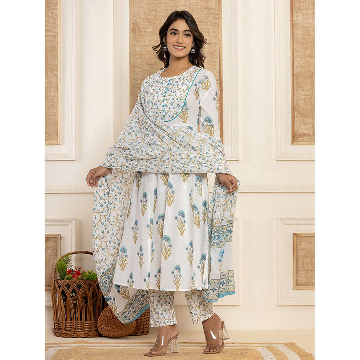 Yufta Blue Floral Print Piping Anarkali Kurta & Pant With Dupatta (Set of 3)