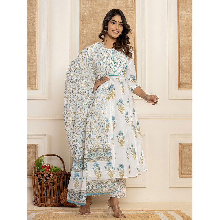 Yufta Blue Floral Print Piping Anarkali Kurta & Pant With Dupatta (Set of 3)