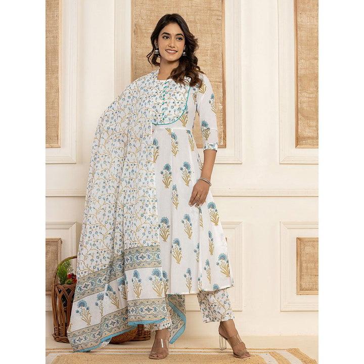 Yufta Blue Floral Print Piping Anarkali Kurta & Pant With Dupatta (Set of 3)