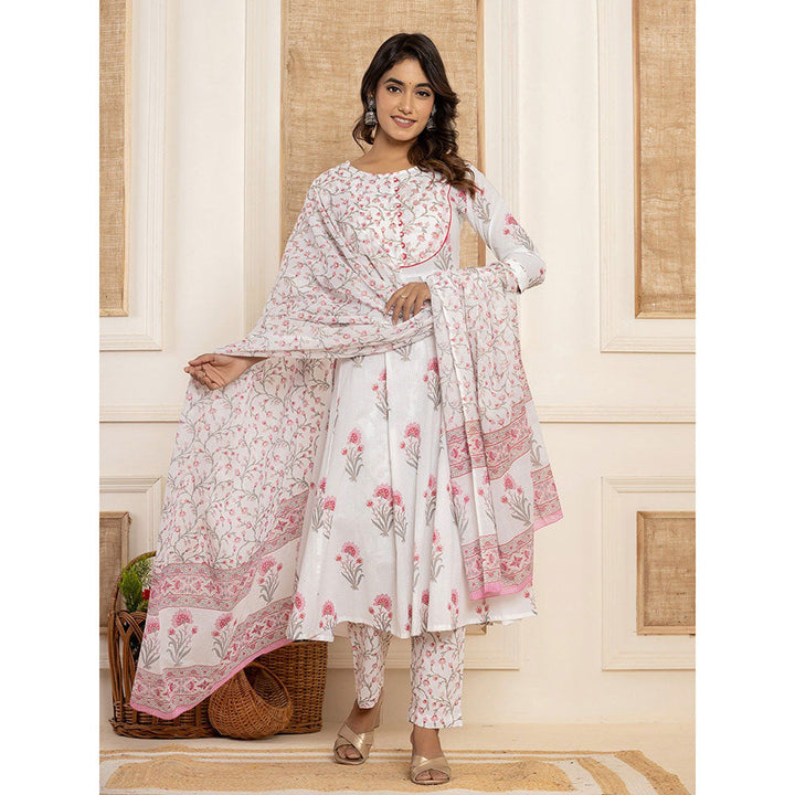 Yufta Rani Pink Floral Print Piping Anarkali Kurta & Pant With Dupatta (Set of 3)