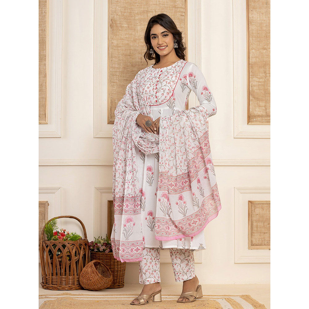 Yufta Rani Pink Floral Print Piping Anarkali Kurta & Pant With Dupatta (Set of 3)