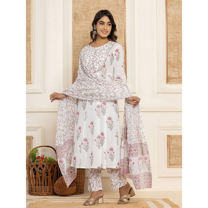 Yufta Pink Floral Print Piping Anarkali Kurta & Pant With Dupatta (Set of 3)