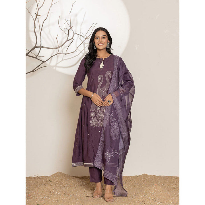 Yufta Purple Embroidered Cotton Anarkali Kurta With Pant & Dupatta (Set of 3)