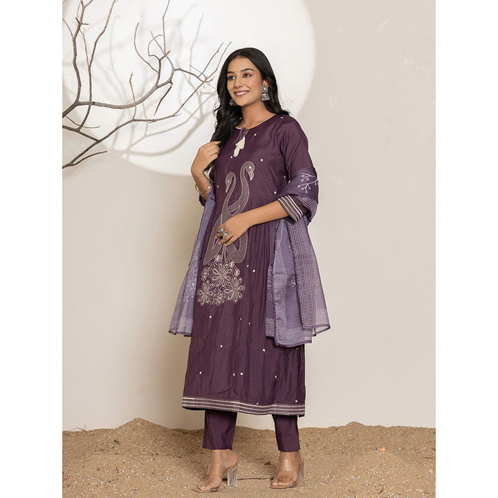 Yufta Purple Embroidered Cotton Anarkali Kurta With Pant & Dupatta (Set of 3)