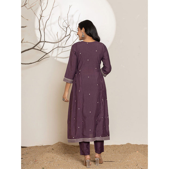 Yufta Purple Embroidered Cotton Anarkali Kurta With Pant & Dupatta (Set of 3)