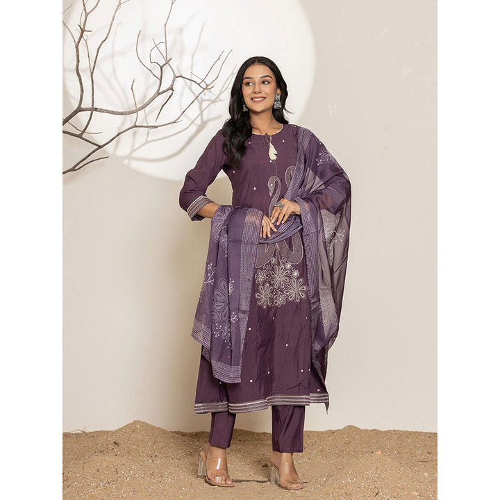 Yufta Purple Embroidered Cotton Anarkali Kurta With Pant & Dupatta (Set of 3)