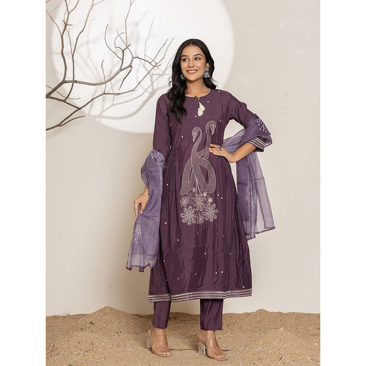 Yufta Purple Embroidered Cotton Anarkali Kurta With Pant & Dupatta (Set of 3)