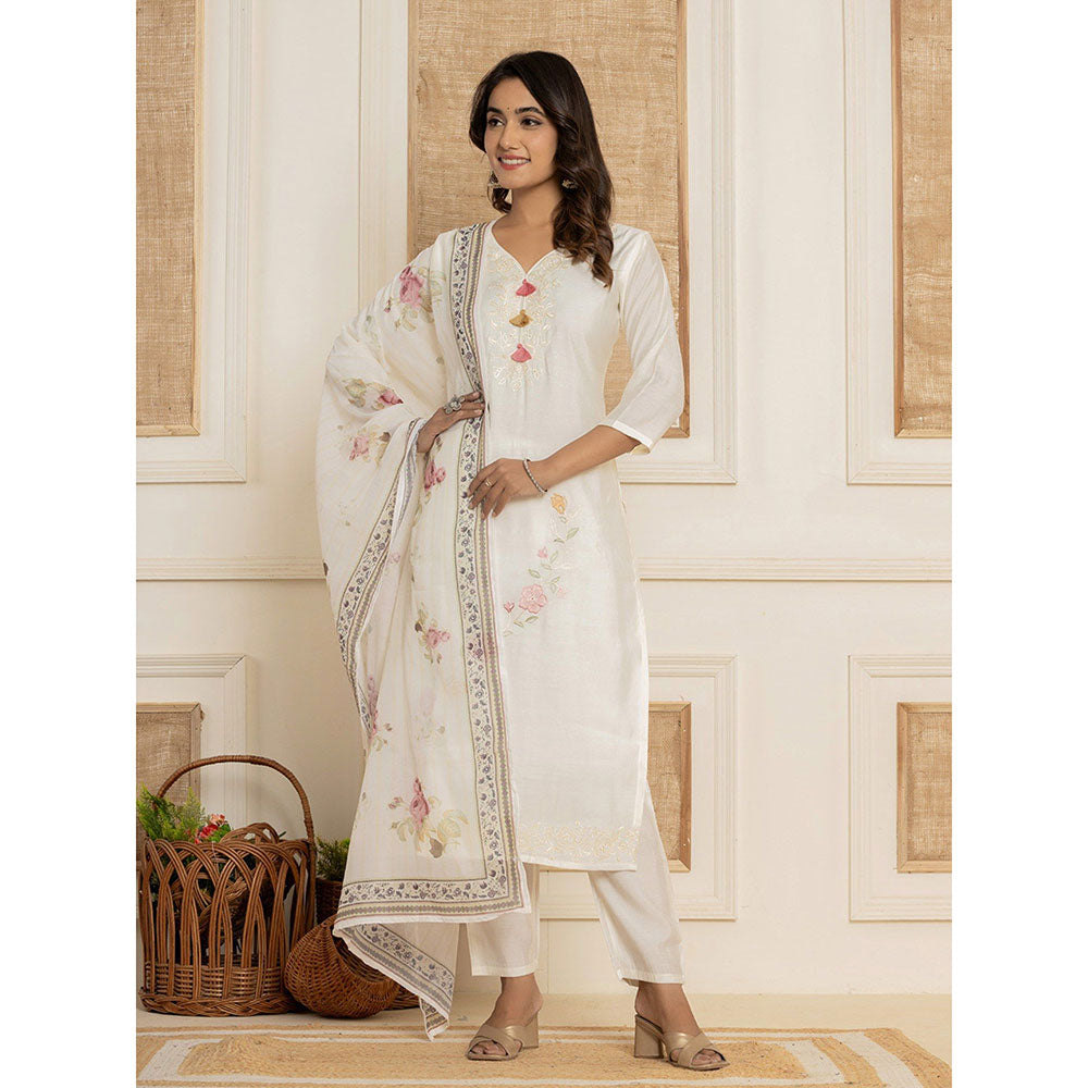 Yufta White Silk Blend Thread Work Straight Kurta & Pant With Dupatta (Set of 3)