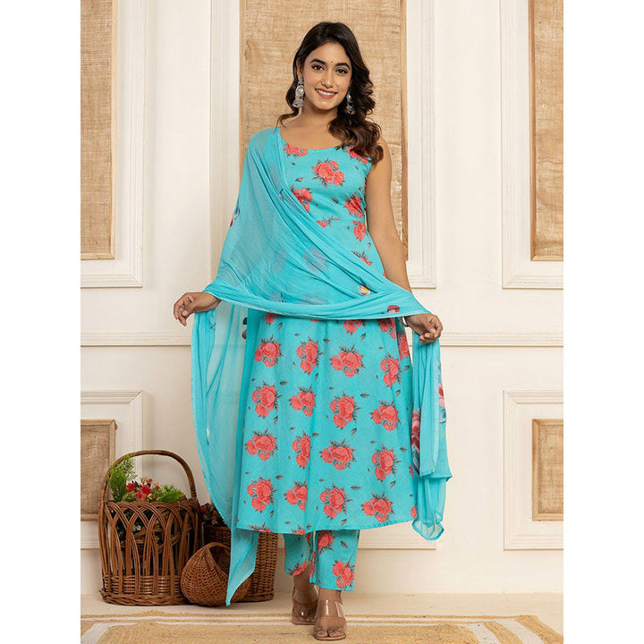 Yufta Blue Floral Print Cotton A-Line Style Anarkali Kurta & Pant With Dupatta (Set of 3)