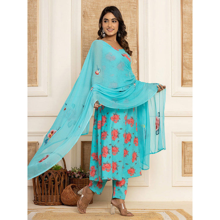 Yufta Blue Floral Print Cotton A-Line Style Anarkali Kurta & Pant With Dupatta (Set of 3)