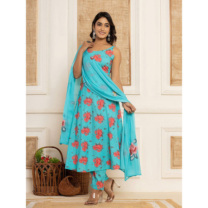 Yufta Blue Floral Print Cotton A-Line Style Anarkali Kurta & Pant With Dupatta (Set of 3)