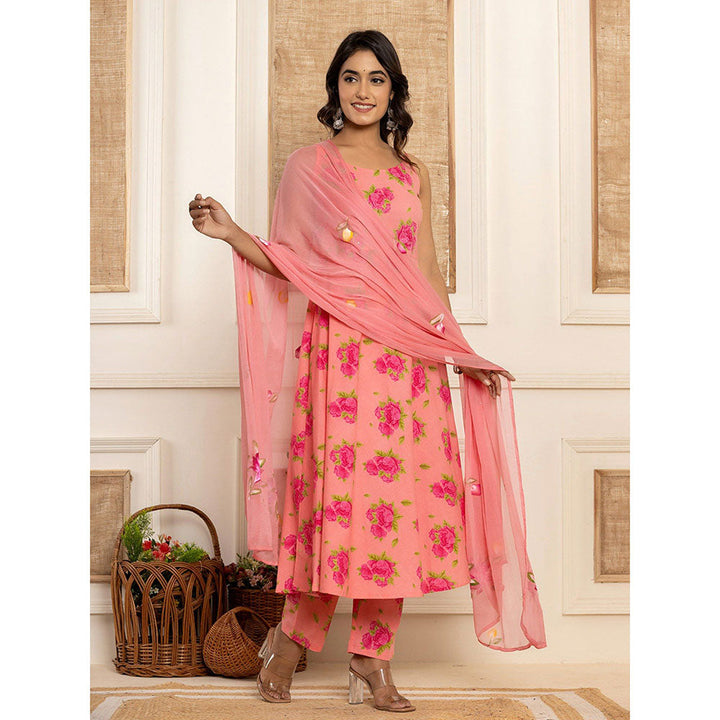 Yufta Peach Floral Print Cotton Anarkali Kurta & Pant With Dupatta (Set of 3)