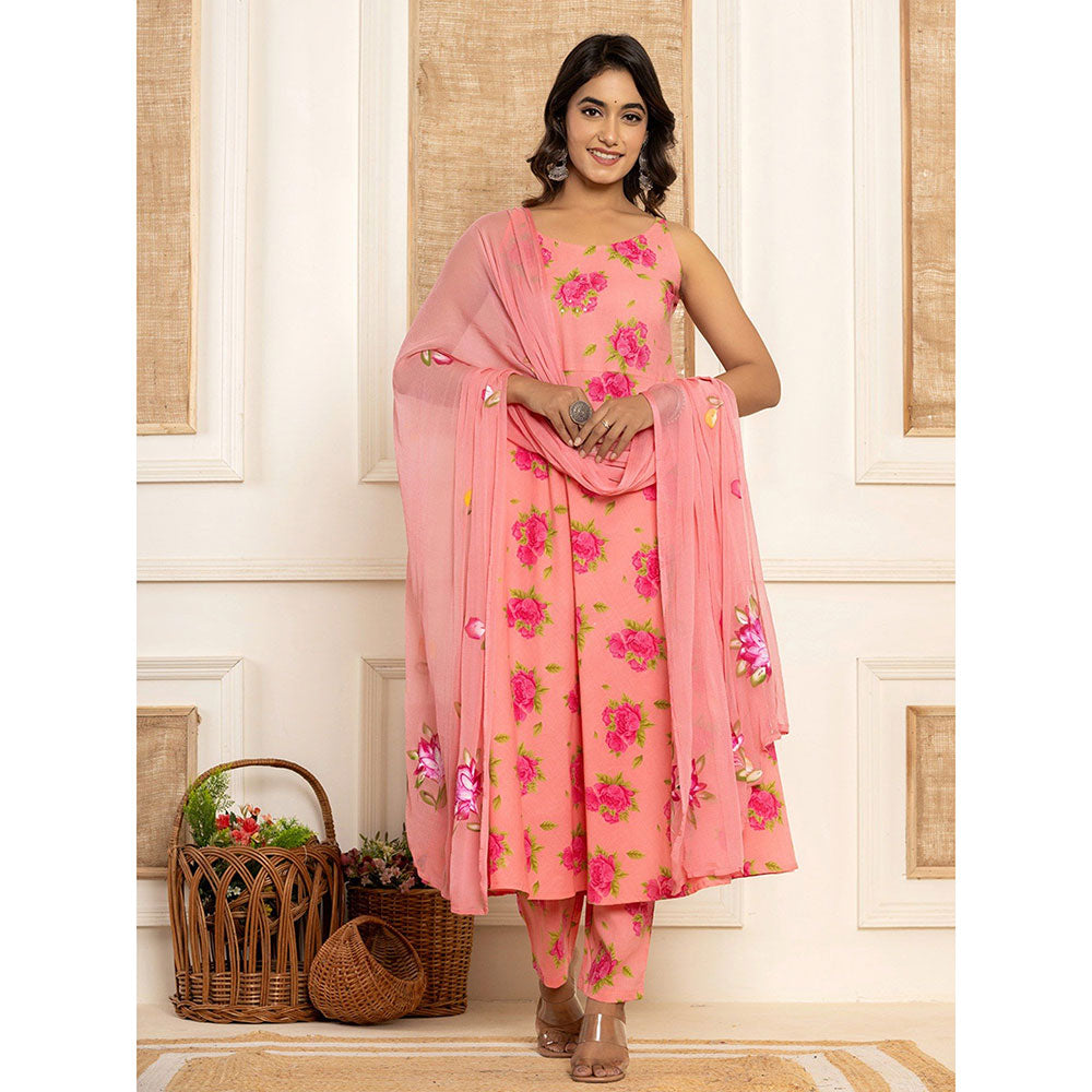 Yufta Peach Floral Print Cotton Anarkali Kurta & Pant With Dupatta (Set of 3)