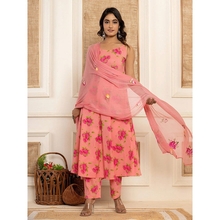 Yufta Peach Floral Print Cotton Anarkali Kurta & Pant With Dupatta (Set of 3)