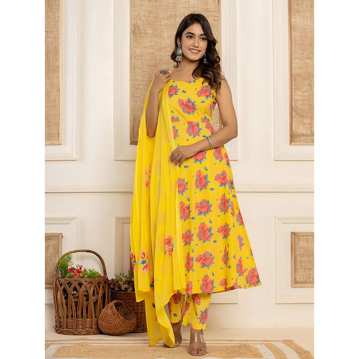 Yufta Yellow Floral Print Cotton Anarkali Kurta & Pant With Dupatta (Set of 3)