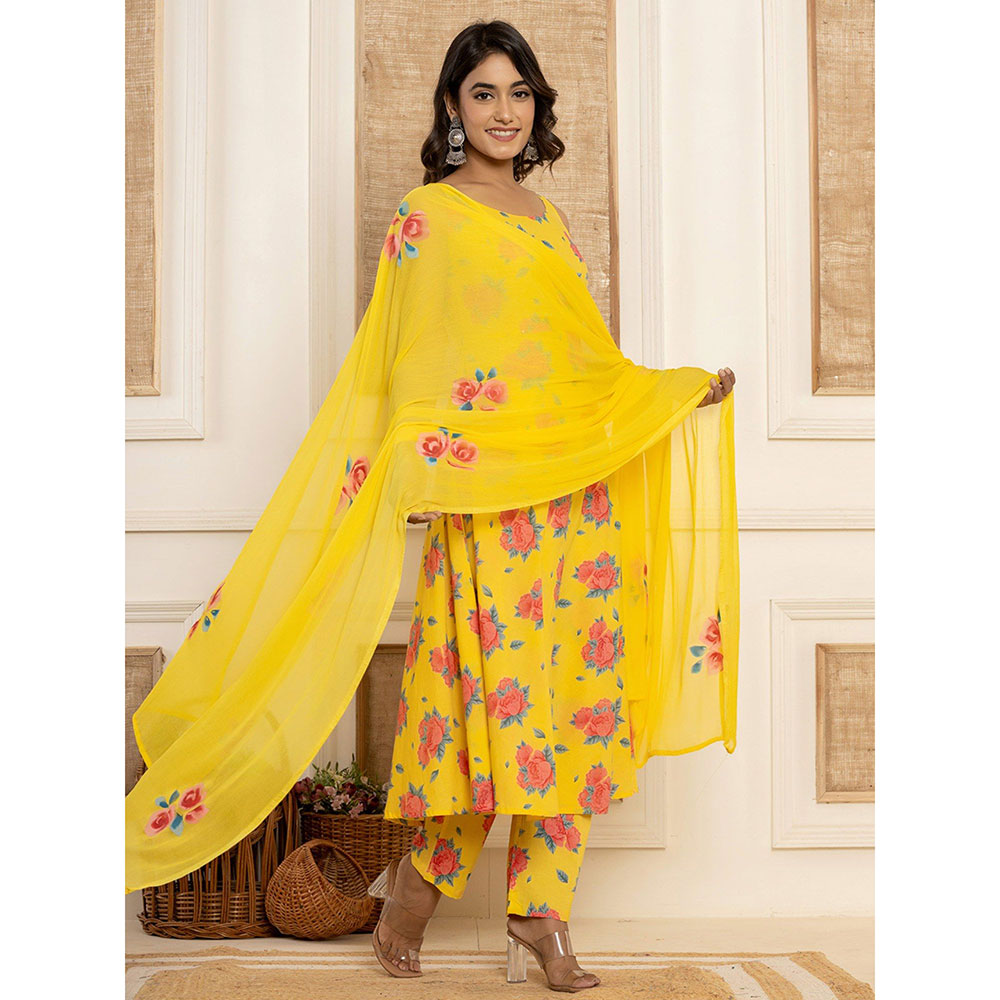 Yufta Yellow Floral Print Cotton Anarkali Kurta & Pant With Dupatta (Set of 3)