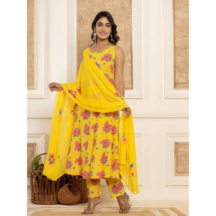 Yufta Yellow Floral Print Cotton Anarkali Kurta & Pant With Dupatta (Set of 3)