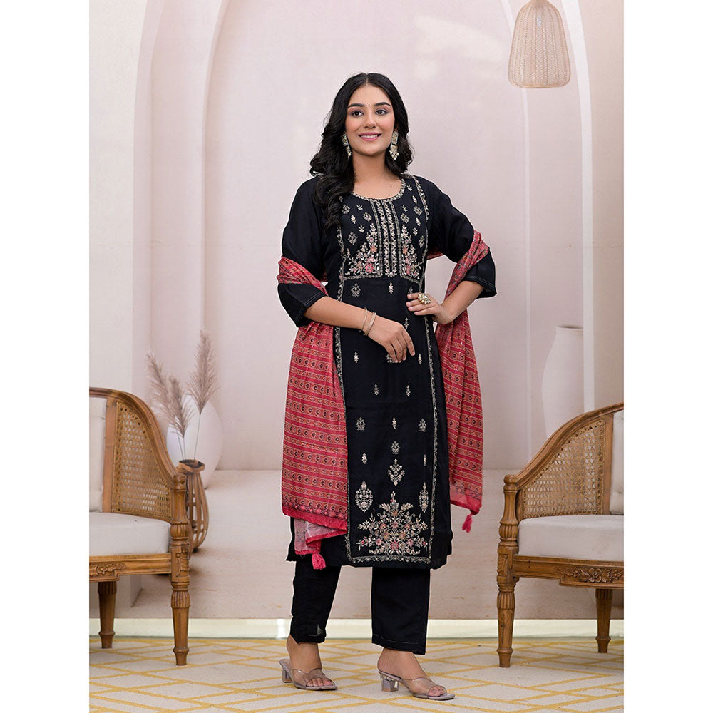 Yufta Black Silk Blend Embroidered Straight Kurta & Pant With Dupatta (Set of 3)