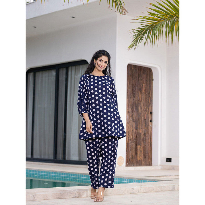 Yufta Navy Blue Polka Dot Print Co-Ord (Set of 2)