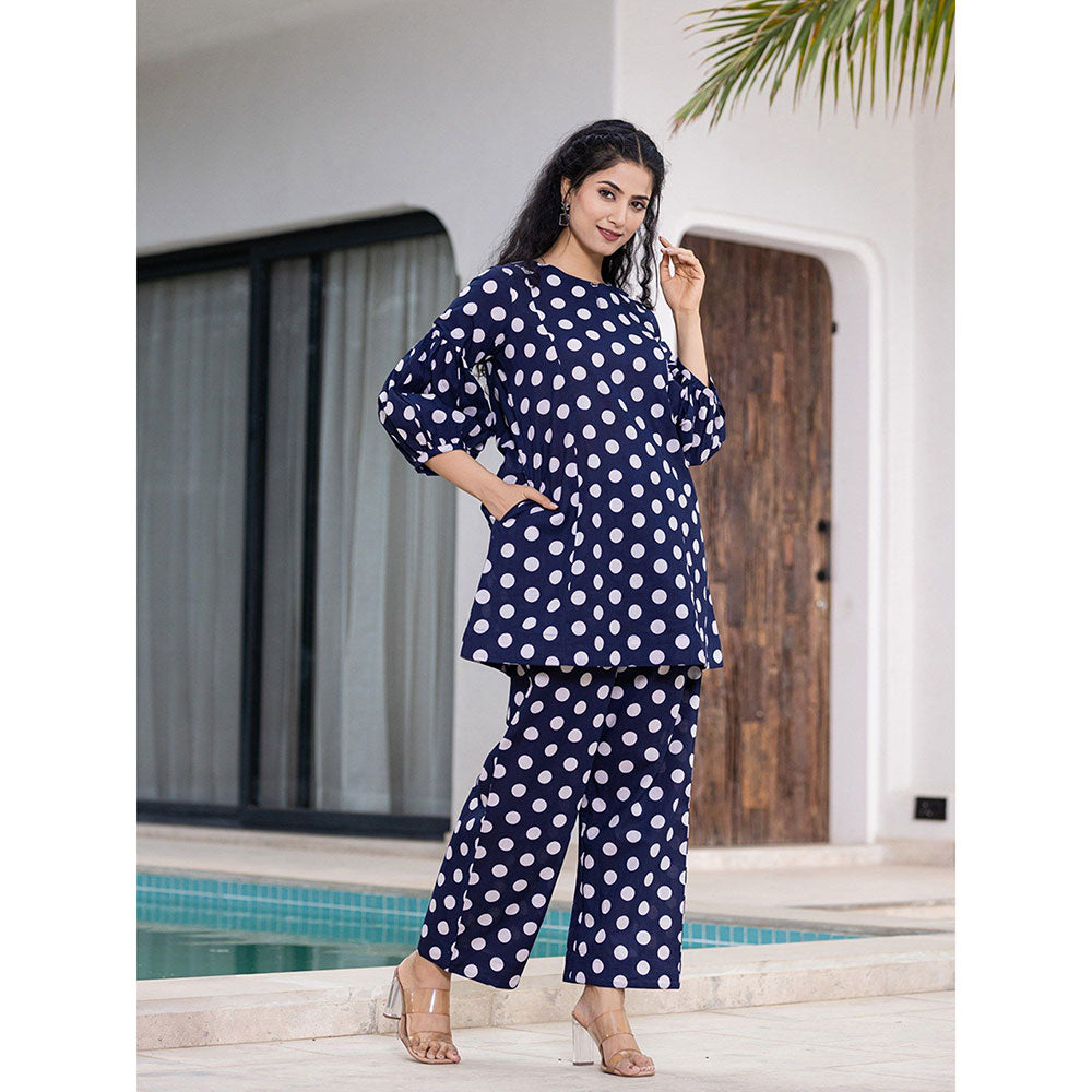 Yufta Navy Blue Polka Dot Print Co-Ord (Set of 2)