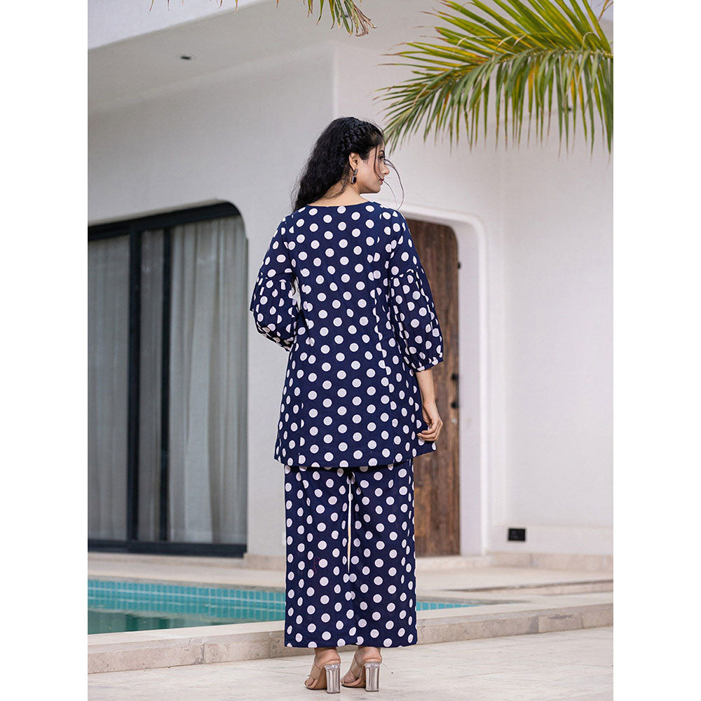 Yufta Navy Blue Polka Dot Print Co-Ord (Set of 2)