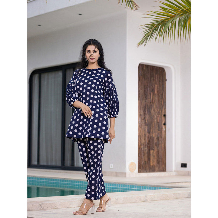 Yufta Navy Blue Polka Dot Print Co-Ord (Set of 2)