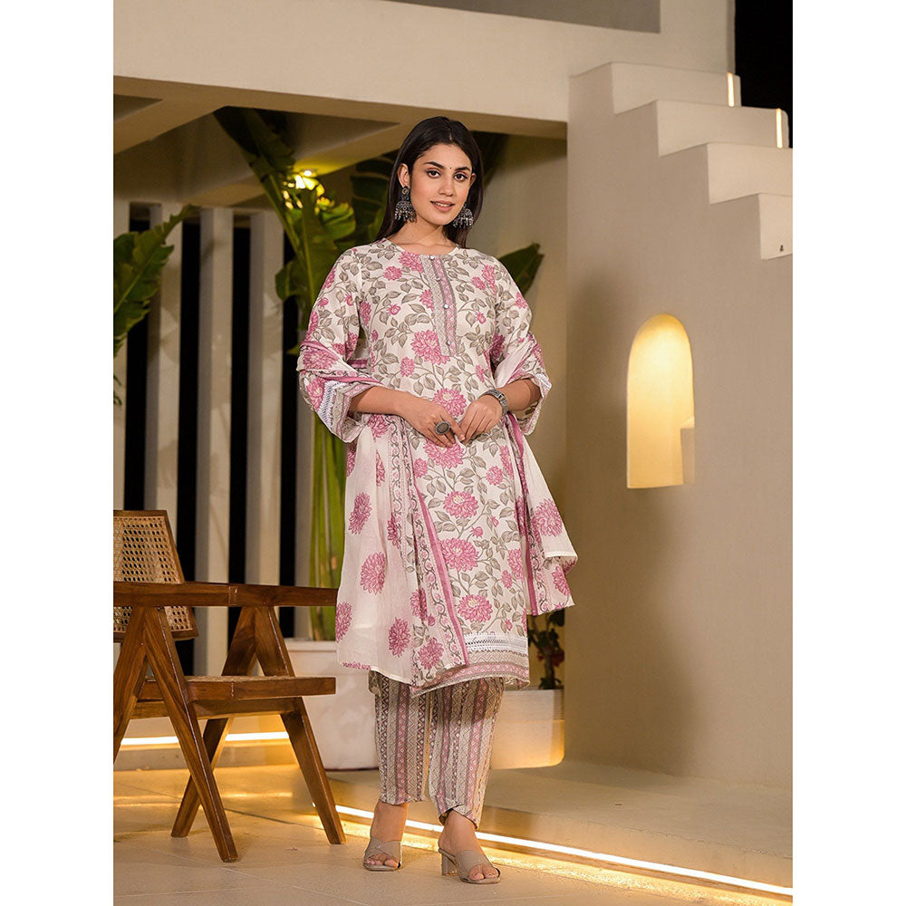 Yufta Grey Pure Cotton Floral Print Kurta with Pant & Dupatta (Set of 3)