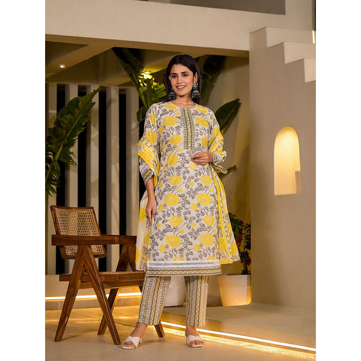 Yufta Yellow Pure Cotton Floral Print Kurta with Pant & Dupatta (Set of 3)