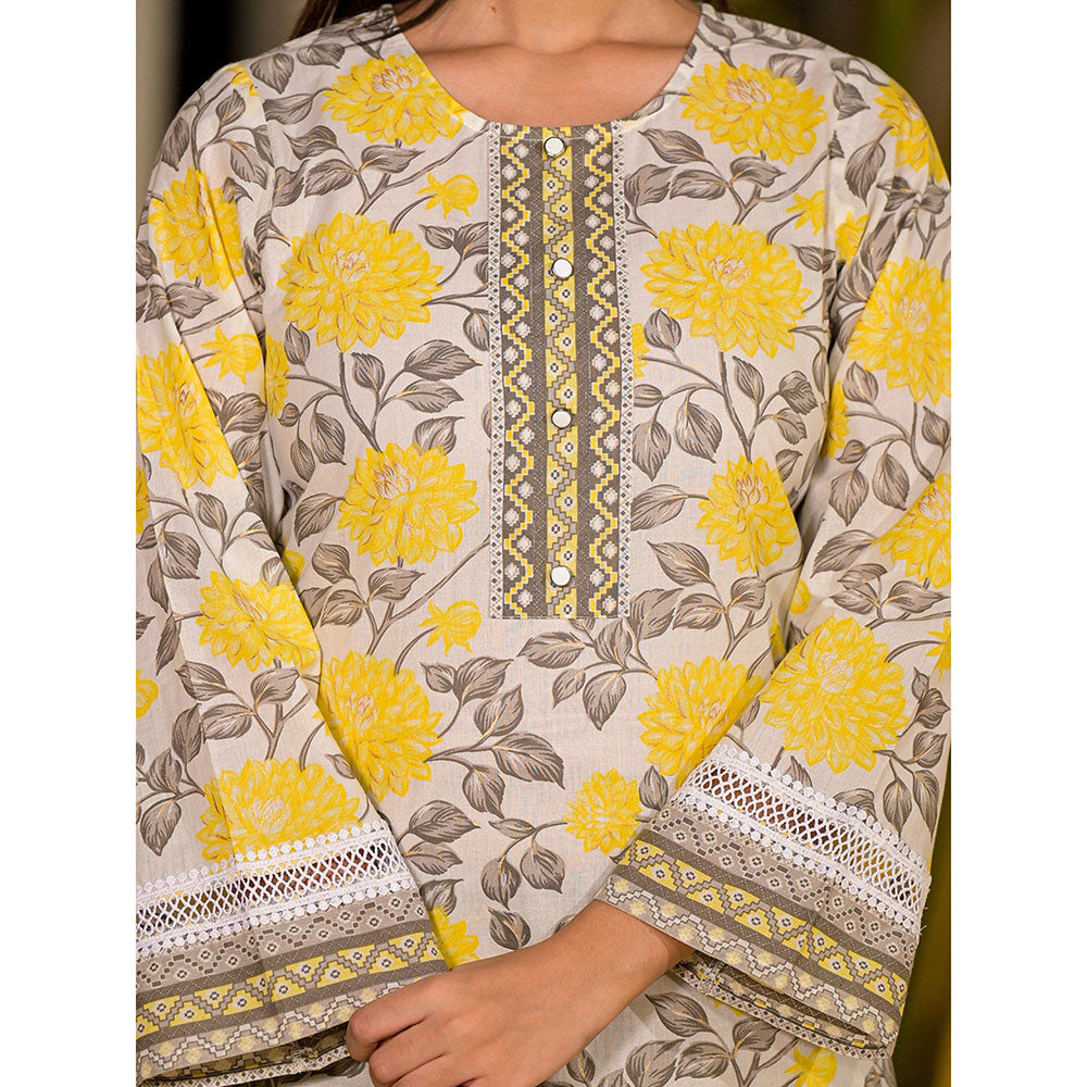 Yufta Yellow Pure Cotton Floral Print Kurta with Pant & Dupatta (Set of 3)