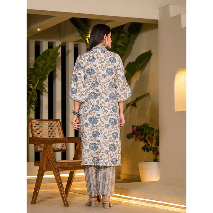 Yufta Blue & Off White Floral Print Cotton Straight Kurta with Pant & Dupatta (Set of 3)